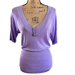 OLTRE Women's Lavender Short Sleeves V-Neck Knit Top Sweater Sz M Italy
